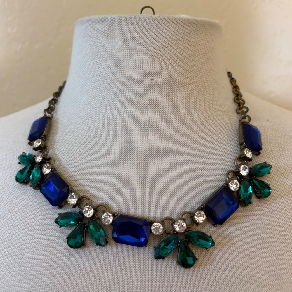 Emerald Green & Royal Blue Crystal Statement Necklace Bronze Tone
